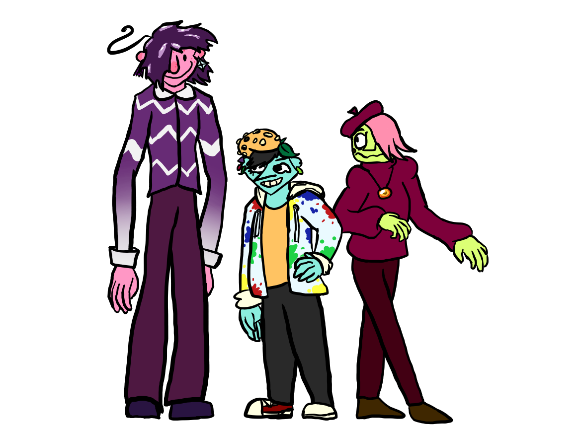 A more up to date drawing of Charles Horse standing alongside the other main characters of Innovations in Timewasting.